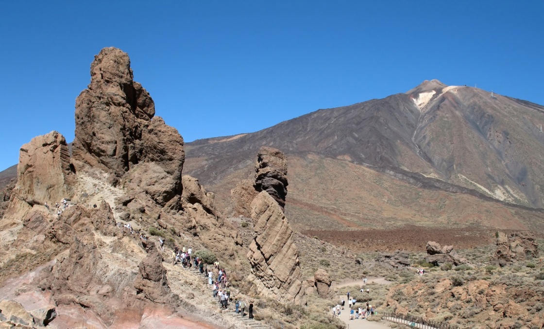 The Roques de Garcia mountains and the Teide volcano as a background (Las Canadas national park, Tenerife).